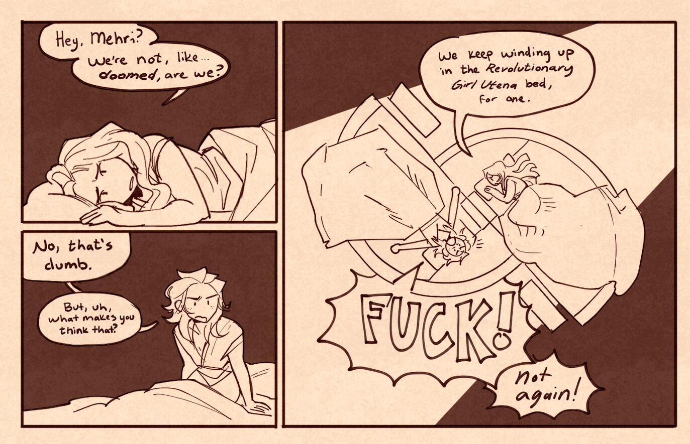 non-canon shitpost comic featuring mehri and aine