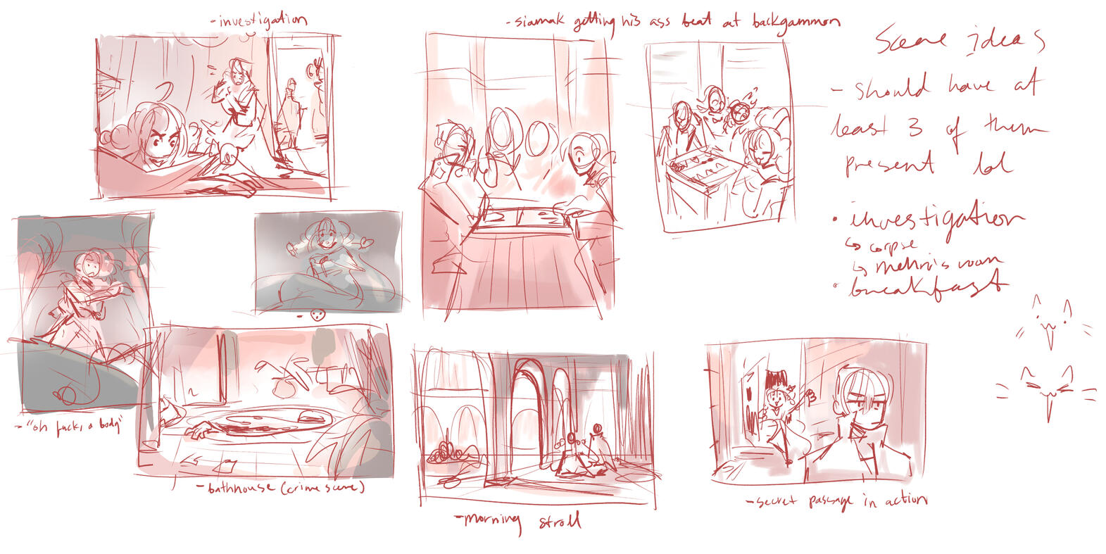 Thumbnails for concept pieces. These give a general idea of the story's tone and early contents, so I thought I'd include them here.
