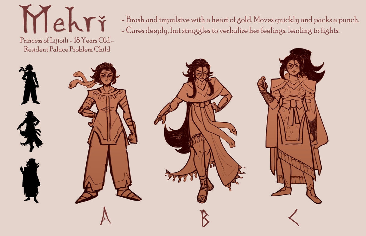 Mehri variations - true to her character, finding a design that fits her has been a fight! Her design has changed the most out of every RRF character.